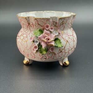 Vintage 3 Legged Lefton China Hand Painted Bowl/Planter Marked 50441 Gold Pink